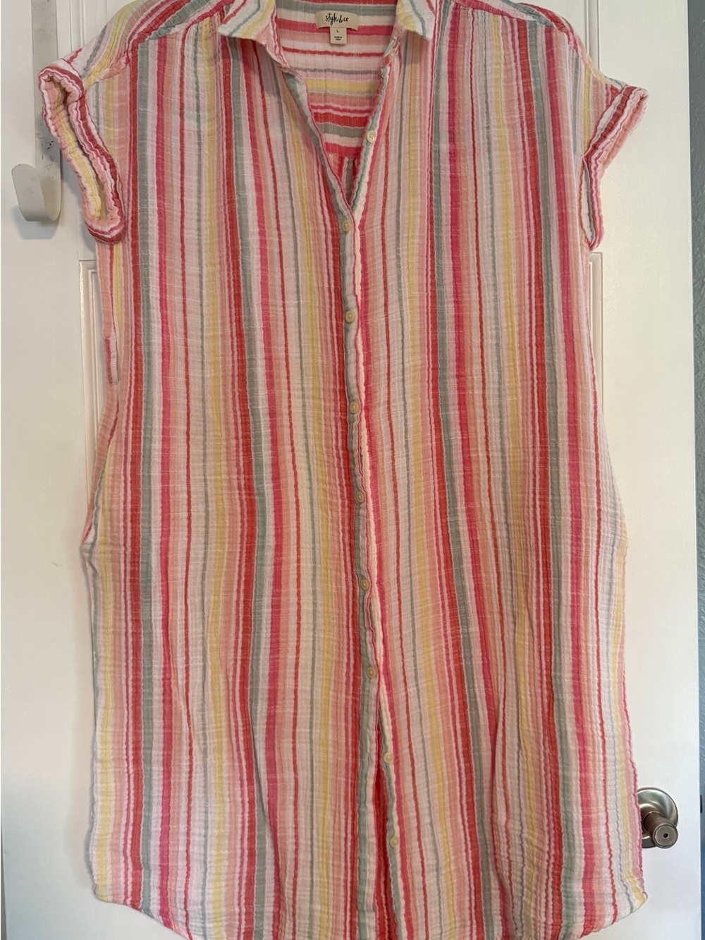 Style & Co. Multicolor Striped Button-Front Tunic - Pink, Yellow, Green